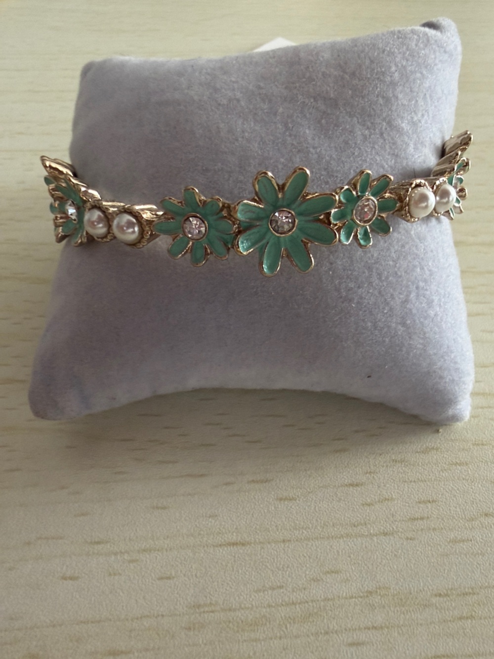 Floral Green Enamel and Pearl Bracelet - Women Jewelry